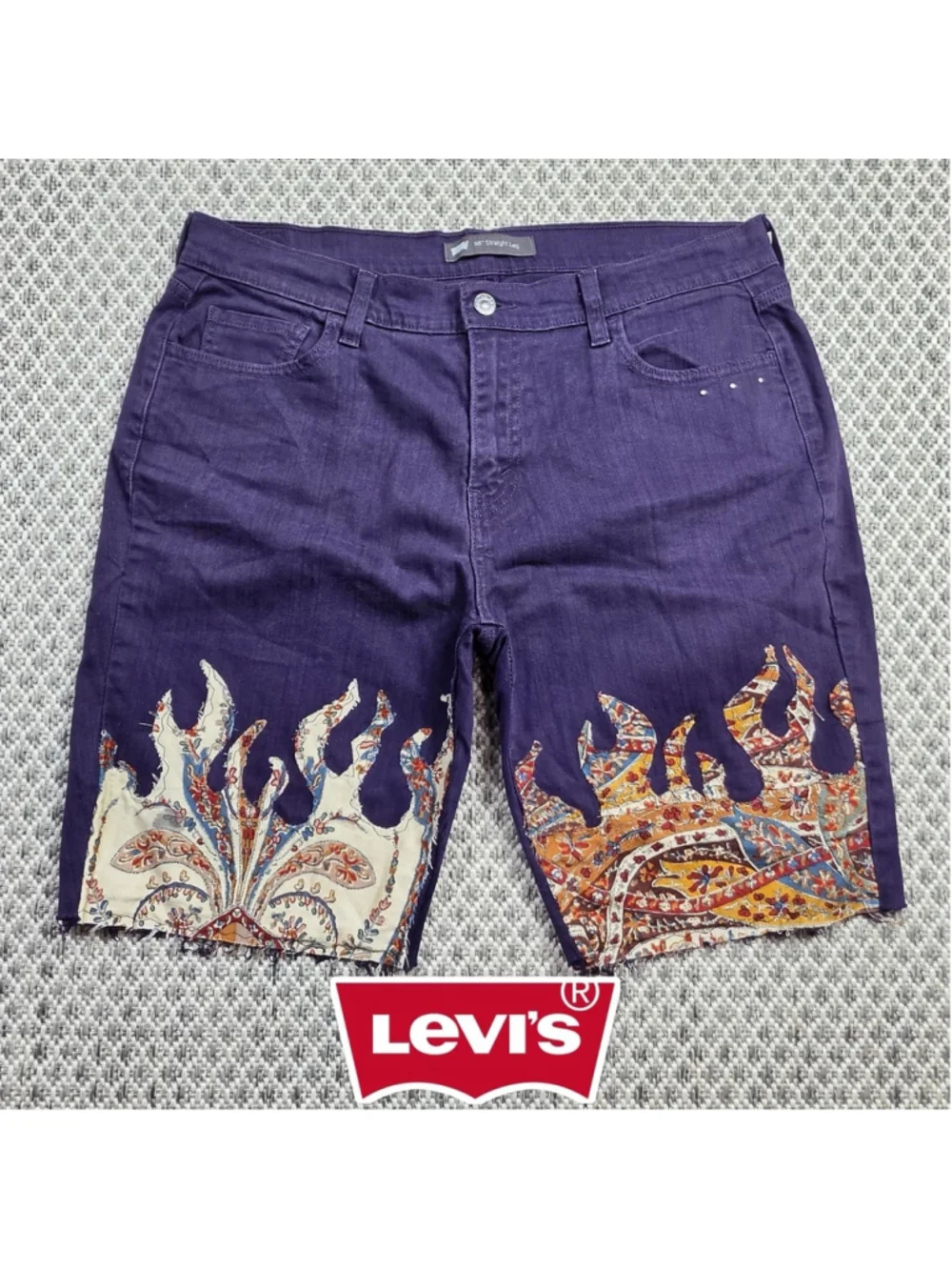 Levi’s 505 Purple Reworked Paisley Patchwork Cutoff Denim Shorts Y2K Size 32